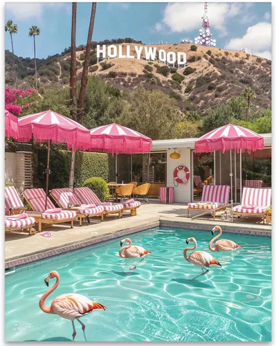 Vista 7 de Pink Flamingo Inn Hollywood - Póster enmarcado de 11 x 14 pulgadas, arte de pared retro glamoroso de mediados de siglo, estilo California Dreamin