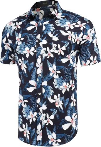 Vista 7 de COOFANDY Camisas hawaianas florales para hombre, algodón y lino, con botones, tropicales, para la playa