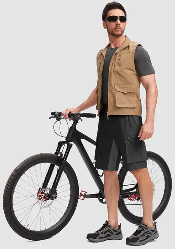 Vista 6 de Bikewa Pantalones cortos de ciclismo de montaña para hombre, con acolchado 3D, ajuste holgado, con bolsillos con cremallera