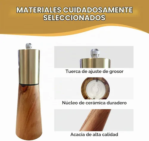 Vista 2 de Juego de molinillo de sal y pimienta dorado, molinillo de pimienta de madera, molinillo manual de sal y pimienta, grosor ajustable, parte superior