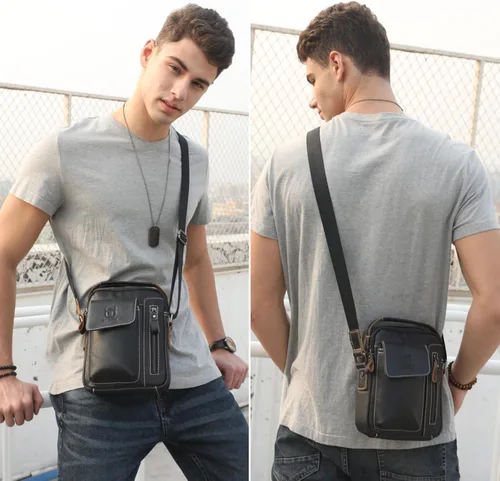 Vista 6 de QAZWSXE Bolso bandolera de cuero pequeño para hombres y mujeres, para viajes al aire libre, negocios