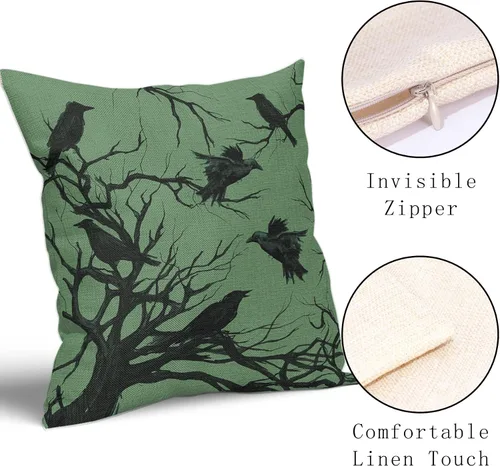 Vista 3 de Tree Crows - Juego de 2 fundas de almohada de Halloween de 16 x 16 pulgadas, fundas de almohada decorativas de otoño, fundas de almohada negras