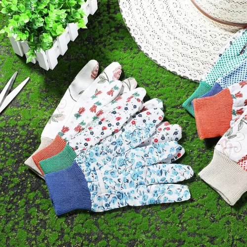 Vista 4 de Geiserailie 4 pares de guantes de jardín para mujer, guantes de jardinería florales, guantes de trabajo suaves y transpirables para limpieza