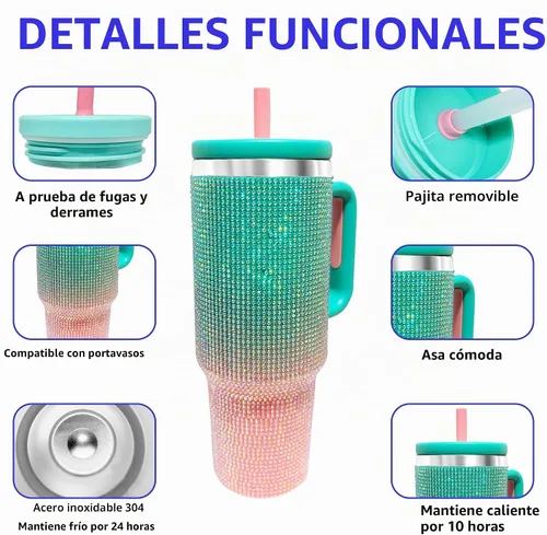 Vista 3 de Botella de agua aislada de 40 onzas, vaso de acero inoxidable Aqua Pink - Diamante