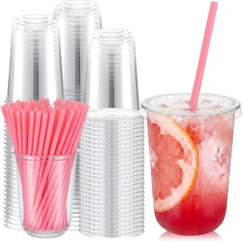 Vista 15 de Ziliny Juego de 50 vasos de plástico de paja negra con pajitas y tapas en forma de corazón, tazas desechables para café helado, mascotas