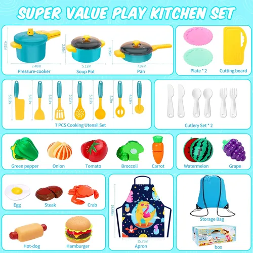 Vista 7 de Juego de accesorios de cocina para niños, juego de juguetes de cocina para niños, juego de juguetes de cocina para niños pequeños, ollas y sartenes
