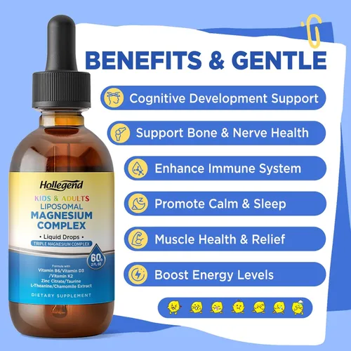 Vista 4 de Liposomal Kids - Gotas de glicinato de magnesio para niños, complejo de magnesio triple líquido de 400 mg para adultos, con D3 y K2, B6, zinc