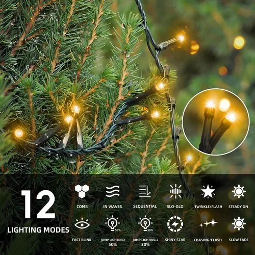 Vista 2 de WISD - Cadena de luces LED de Navidad para exteriores de 43 pies con 100 luces impermeables con modos de memoria, luces de hadas enchufables A ~