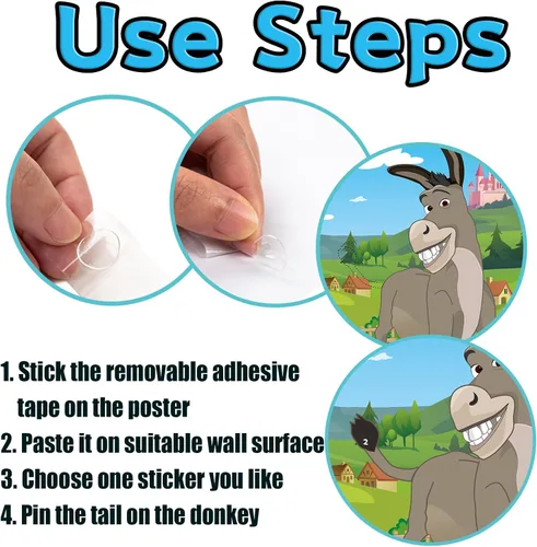 Vista 4 de Joy Bang Ponle la cola al burro para niños con pegatinas de cola y máscaras para los ojos, juegos de fiesta de cumpleaños para niños y niñas