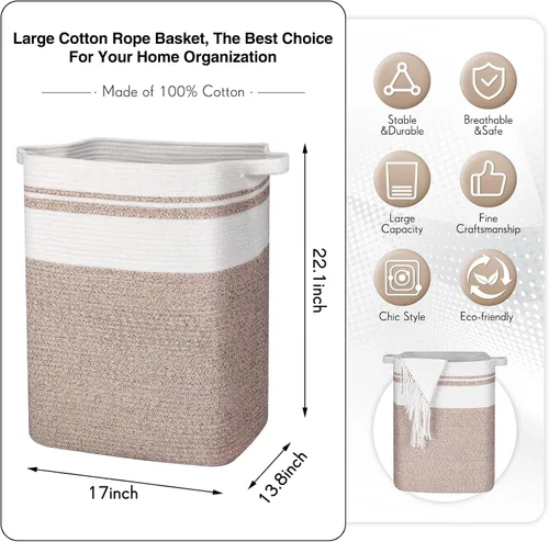 Vista 30 de DOFASAYI Cesta de lavandería grande de 72 litros con asas de cuero, cesta de almacenamiento decorativa para mantas, cesta de ropa para sala