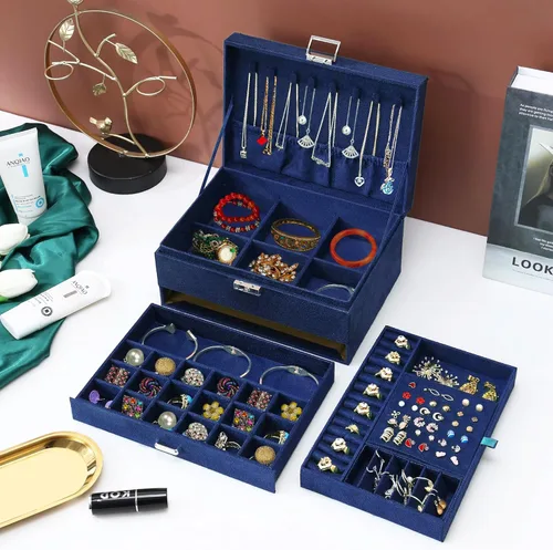 Vista 4 de Joyeros para mujer, organizador de joyas de terciopelo azul marino con cerradura, organizadores de joyas para adolescentes, organizador de joyas