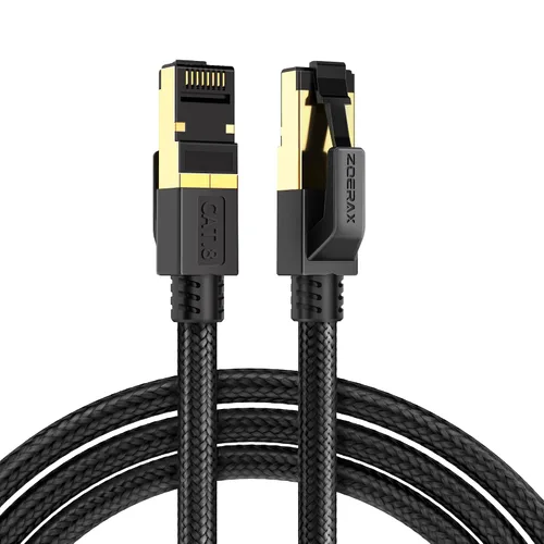 Vista 8 de Cable Ethernet Cat 8 de 1.5 pies, cable de conexión LAN de red de alta velocidad trenzado de nailon, cable de Internet plano de 40 Gbps 2000 Mhz
