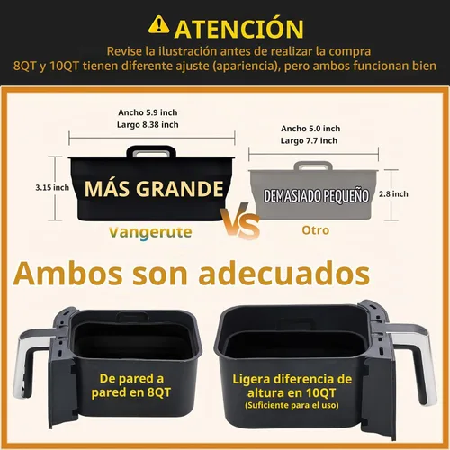 Vista 2 de Paquete de 2 sartenes plegables de silicona para freidora de aire para NINJA Foodi Dual de 8 y 10 cuartos, olla de cesta rectangular reutilizable