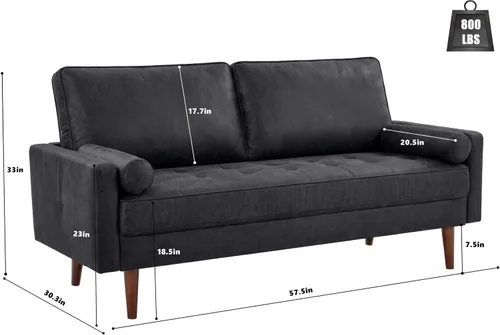 Vista 2 de 58" Loveseat Sofa Couch, Mid Century Modern Faux Leather Couch, Black Hand-Sewn Deep Love Seat & 2 Pillows, Home Sofa Living Room, Small Couches