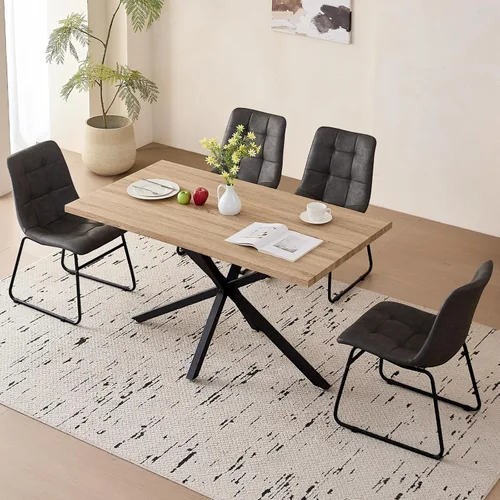 Vista 11 de Dining Table Set for 4, Modern 55" Brown Wood Grain Kitchen Table with 4 Stackable Dining Chairs, Faux Leather, for Dining Living Room Apartment