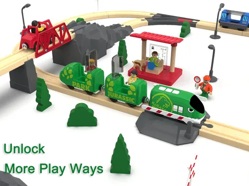 Vista 5 de Juego de tren de juguete para pistas de madera, tren a pilas para niños pequeños, tren motorizado con tren de dinosaurio para niños, juguete de tren