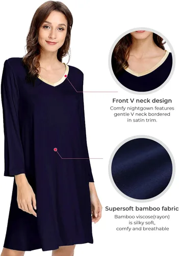 Vista 4 de GYS Camisones para mujer, pijamas de bambú suave, camisas de noche de manga larga, ropa de dormir cómoda