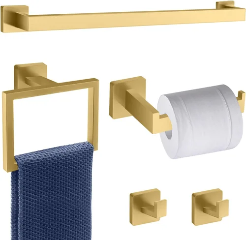 Vista 7 de Juego de barras para toallas de 5 piezas en negro y dorado - Accesorios de baño dorados y negros con 2 ganchos para toallas, juego de barras