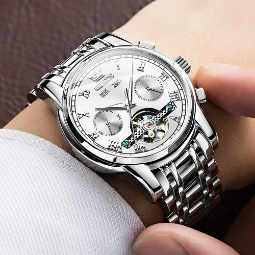 Vista 6 de OLEVS Relojes automáticos de cuerda automática para hombre, fecha y día, calendario, relojes de acero inoxidable, movimiento esquelético
