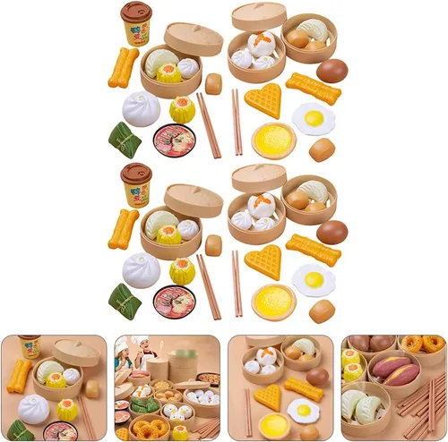 Vista 5 de NUOBESTY Juego de comida china para el desayuno, 58 piezas, juguetes de cocina con Dim Sum para cocinar alimentos para niños, juego de rol
