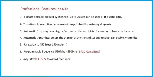 Vista 5 de GTDaudio Sistema de micrófono inalámbrico de diversidad UHF de 4x800