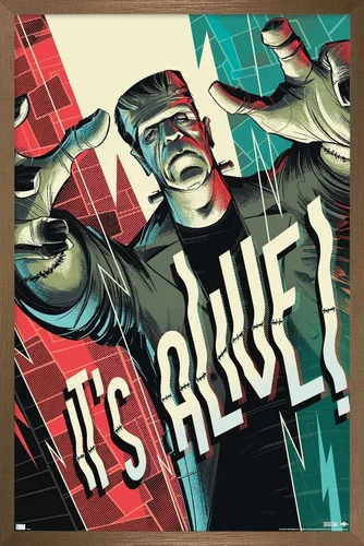 Vista 15 de Frankenstein - Póster de pared It's Alive by César Moreno, 22.4 pulgadas de largo x 14.7 pulgadas de ancho, versión enmarcada en madera de granero