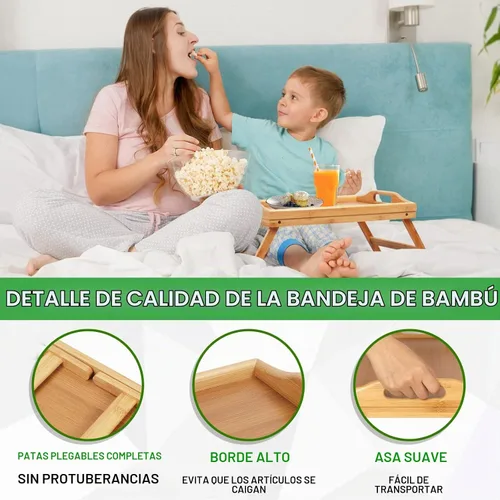 Vista 4 de Artmeer Mesa Bandeja de Cama con Patas Plegables, Bandeja de Desayuno de Bambú con Asas Ideal para Sofá, Cama, Comer, Trabajar, Usada Como Bamboo-2