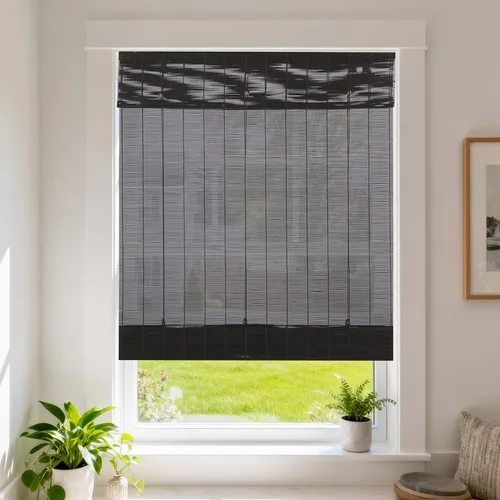 Vista 11 de Cortinas Letau de madera, estilo romano, para ventanas, con cenefa, filtran la luz Marrón almendra