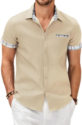 Vista 7 de COOFANDY Camisas casuales de manga corta de algodón con botones para hombre Verde militar
