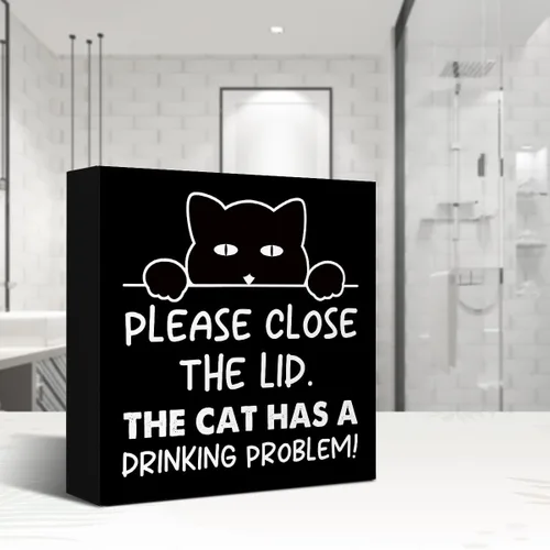 Vista 4 de LVQHI Divertidos carteles de madera para baño, decoración de escritorio de baño, decoración de escritorio de baño, cierre la tapa, el gato tiene un