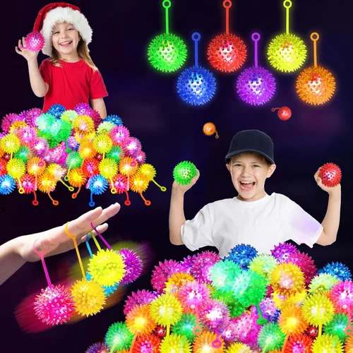 Vista 8 de SHQDD 24 bolas de luz, bolas antiestrés, bolas inflables para niños, bola chirriante intermitente de 6 colores, juguetes iluminados de 2.2 pulgadas