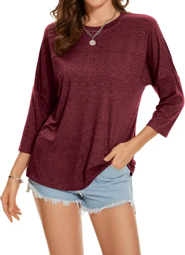 Vista 107 de ZENNILO Camisetas casuales de manga 3/4 para mujer, holgadas, cuello redondo, lindas camisetas básicas
