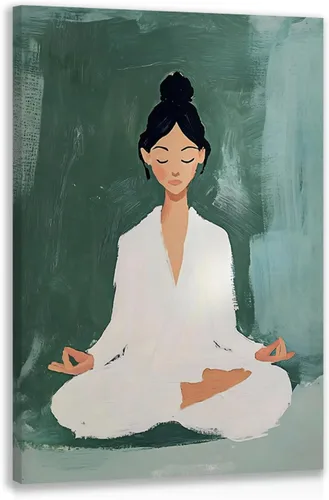 Vista 14 de GELDSTEI Arte de pared zen enmarcado, pintura moderna en lienzo de chica haciendo yoga, decoración de pared de meditación tranquila, imagen estética