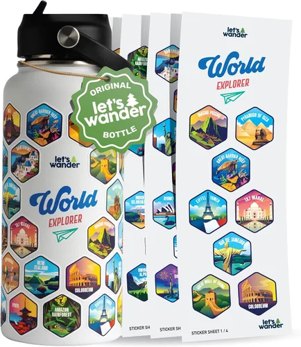 Vista 8 de LET'S WANDER - Botella de agua para aventureros del mundo con 50 pegatinas impermeables - 32 onzas, botella de acero inoxidable aislada y a prueba