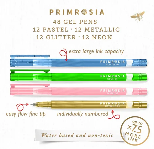 Vista 3 de Primrosia 48 bolígrafos de gel con purpurina, incluidos metálicos, pastel y fluorescentes, para libros de colorear y bolígrafos de diario
