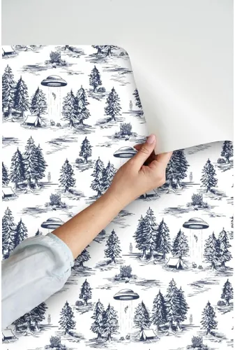 Vista 3 de Despegar y pegar papel pintado Swatch - UFO Toile Alien pequeña escala azul blanco espacio caprichoso papel pintado personalizado extraíble por