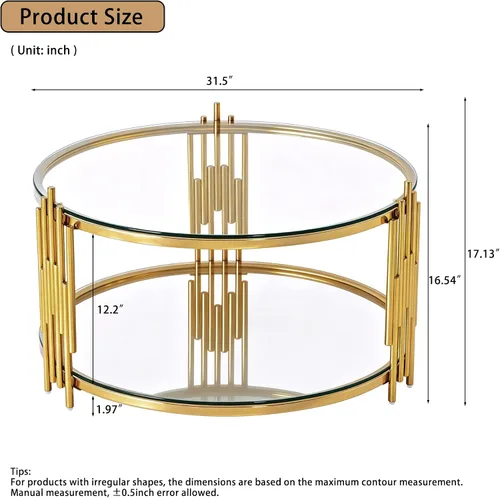 Vista 2 de SSLine Round 2-Tier Glass Coffee Table with Gold Stainless Steel Frame