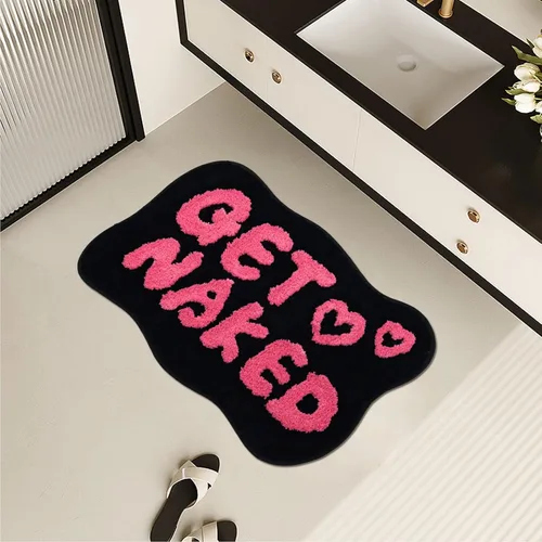 Vista 5 de Alfombra de baño con texto en inglés "Get Naked", alfombra de baño divertida, suave, antideslizante, bonita, divertida decoración de baño para Negro
