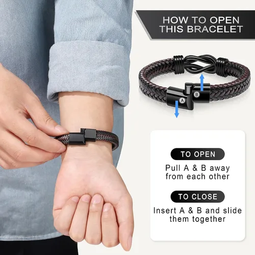 Vista 6 de Pulsera de nudo de hombre para regalo, cuero trenzado color marrón, del infinito, de acero inoxidable, con la frase Love You Forever, para hijos