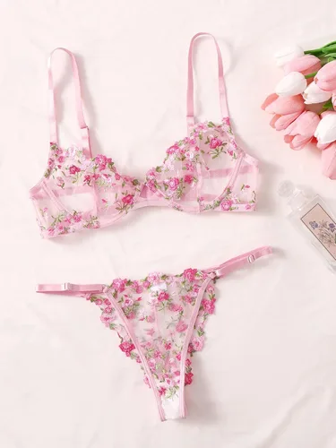Vista 5 de GORGLITTER Conjunto de lencería de 2 piezas de brasier y tangas de malla transparente para mujer