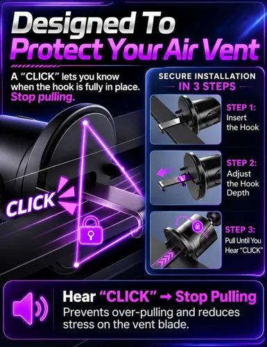 Vista 7 de Soporte para teléfono de ventilación de aire, clip de gancho de metal, liberación con una sola mano, antivibración Ac-negro.