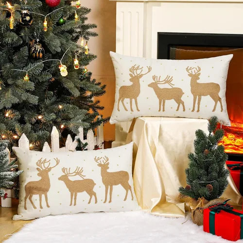 Vista 3 de Lewondr Funda de almohada decorativa de terciopelo suave de Navidad, paquete de 2, con bordado de ciervos, lujosa funda de cojín para sofá