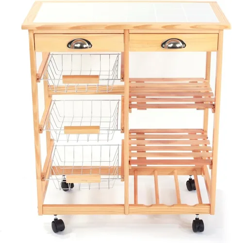Vista 2 de Carrito de cocina de madera rodante de 3 niveles, carrito utilitario de almacenamiento sobre ruedas con cajones Shleves y estante para vino