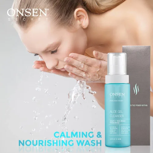 Vista 3 de Onsen Secret Jabón facial japonés de aloe vera, limpiador facial nocturno de primera calidad para eliminación de maquillaje, cura piel seca