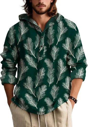 Vista 4 de Sudadera con capucha con estampado bohemio para hombre, de otoño, a la moda, con un cuarto de botón, manga larga, holgada, con capucha, de gran