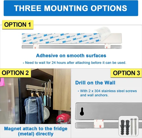 Vista 2 de Portacuchillos magnético de 12 pulgadas para pared con 6 ganchos sin taladro, doble barra magnética para cuchillos con adhesivo fuerte, gancho