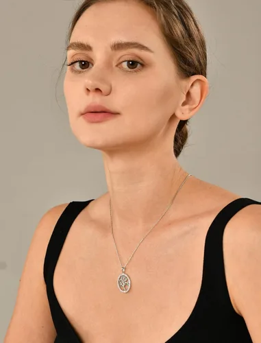 Vista 3 de YL Collar de árbol de plata de ley 925 con colgante de árbol de la vida, piedra natal redonda, halo familiar, joyería para mujer