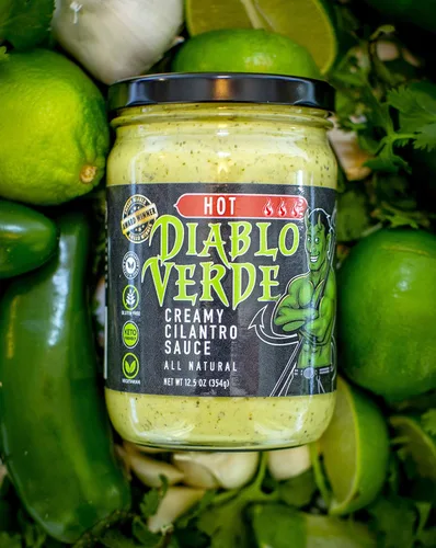 Vista 3 de Diablo Verde Salsa, galardonada, salsa cremosa de cilantro, nivel de calor caliente, (paquete de 2) botella de 12.5 onzas, hecha con cilantro, ajo