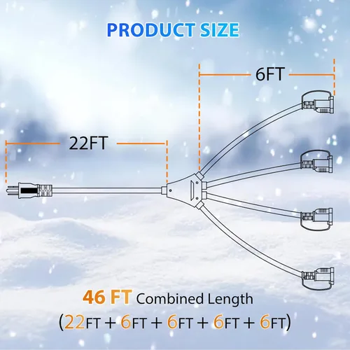Vista 4 de K KASONIC - Cable de extensión de luces navideñas para exteriores de 46 pies con múltiples tomas, cable eléctrico resistente con certificación ETL