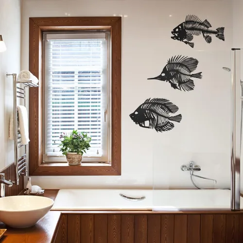 Vista 6 de Zhengmy - 3 piezas de metal para decoración de pared de pesca, diseño de hueso de pescado rústico, estilo náutico, para interiores, exteriores, Negro